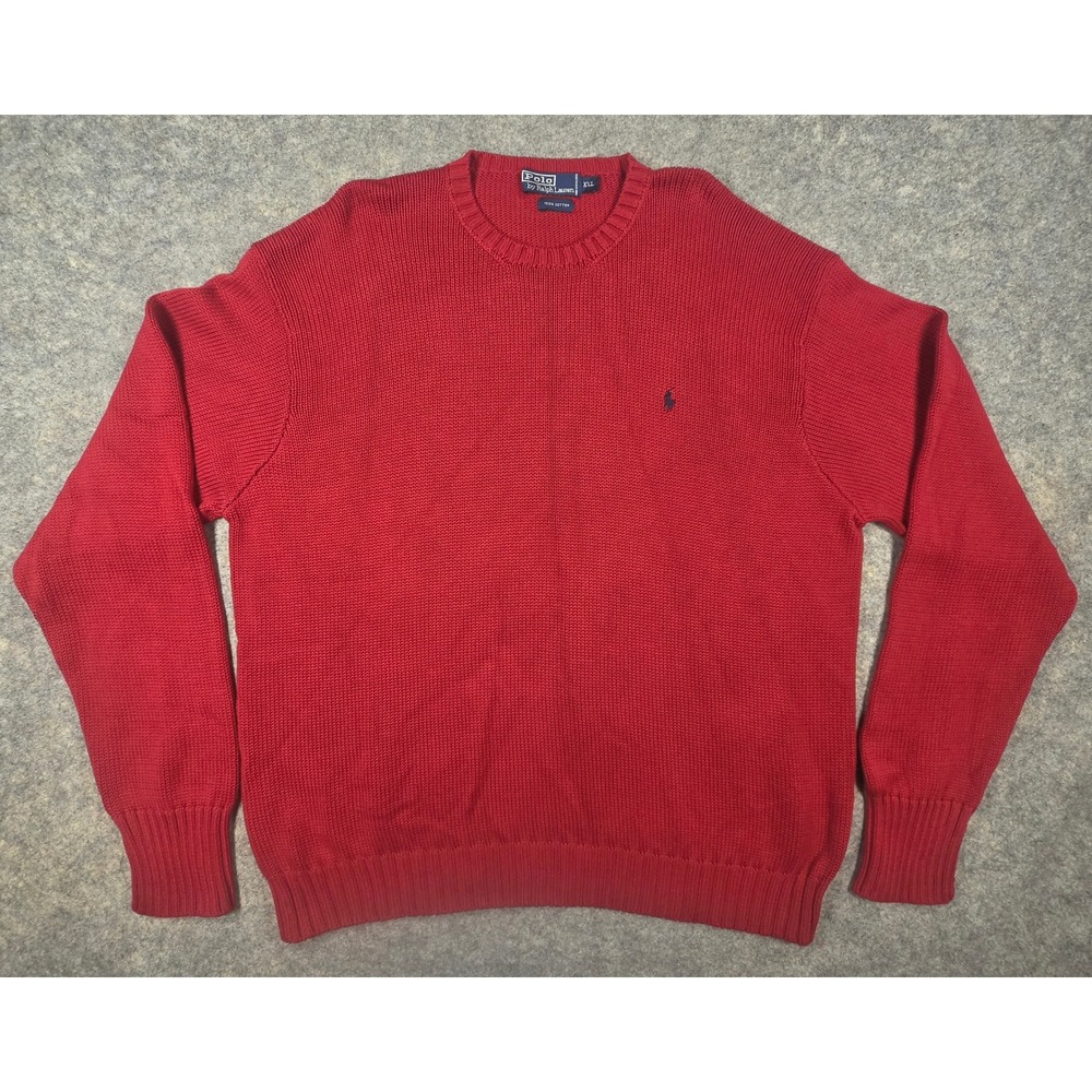 Vtg Polo Ralph Lauren Mens XXL Red Cotton Knit Crewneck Sweater Navy Pony Logo